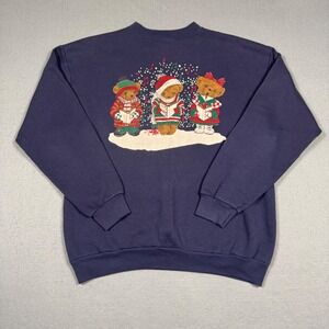 Vintage Christmas Caroling Bears Sweatshirt Women Large Navy Blue Crewneck Y2K